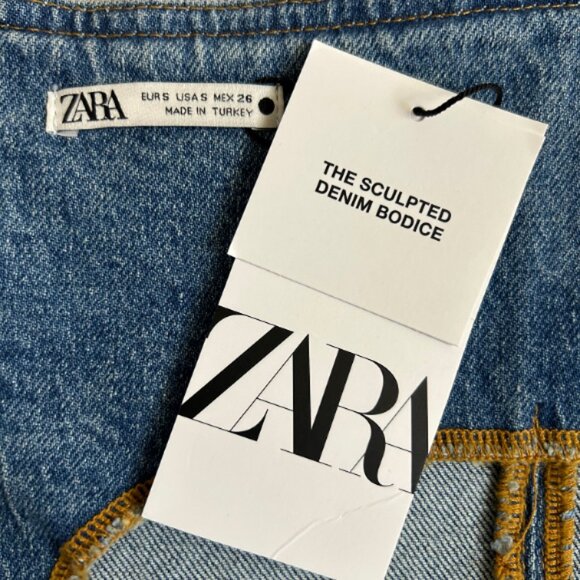 ZARA The Sculpted Denim Bodice Bustier Corset Blue Wash Strapless Crop Top S - Picture 2 of 10